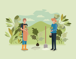 men couple planting tree in the park