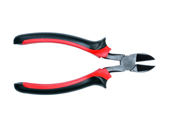 Side cutters with black and red isolated handles on white background. Tool isolated on white, top view with clipping path.