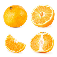 Set of ripe tangerine different parts close up on a white. Isolated.