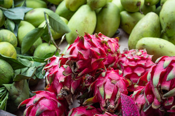 Dragon fruits, lemons and Mangos at Street Food Market