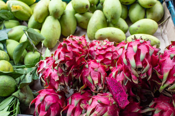 Dragon fruits, lemons and Mangos at Street Food Market
