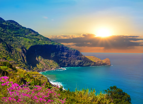 Beautiful coastline of Madeira island at sunset, seascape background - Portugal