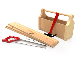 Hammer, hacksaw, toolbox, wooden planks and nails on white background, isolated. 3D rendering
