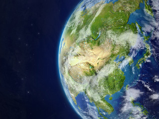 Fototapeta na wymiar Asia from space on beautiful model of planet Earth with very detailed planet surface and clouds.