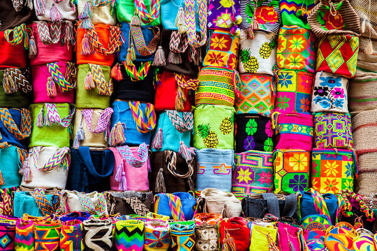 Street sell of handcrafted traditional Wayuu bags at the walled city of Cartagena de Indias