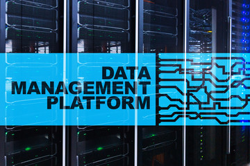 Data management and analysis platform concept on server room background.