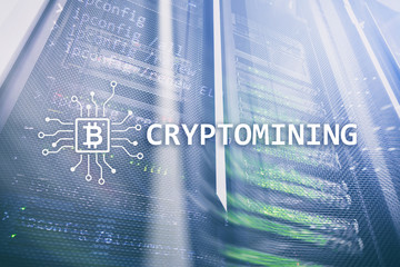 Cryptocurrency mining concept on server room background.