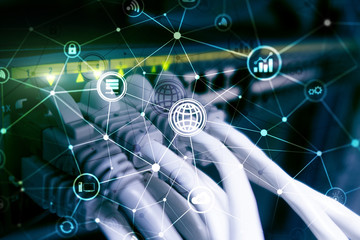 ICT - information and telecommunication technology and IOT - internet of things concepts. Diagrams with icons on server room backgrounds.