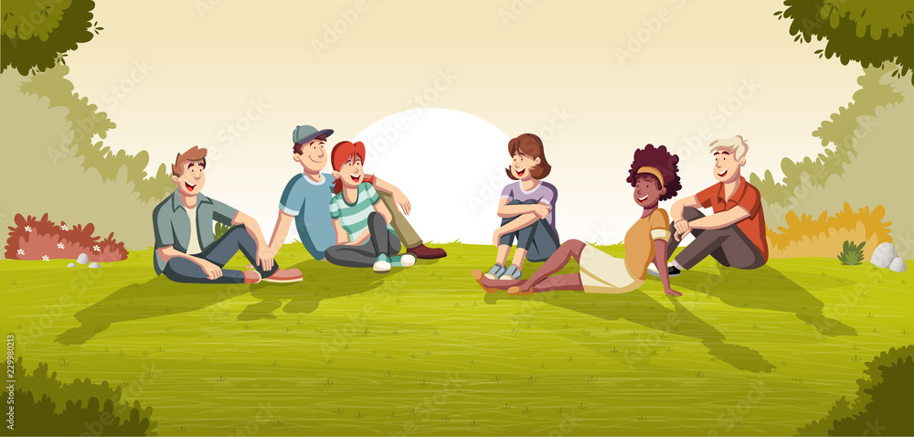 Canvas Prints green park landscape with cartoon teenagers seated on the grass.