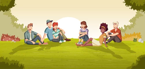 Outdoor-Kissen Green park landscape with cartoon teenagers seated on the grass. © denis_pc