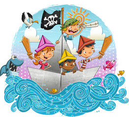 Group of cartoon pirate kids sailing on paper boat.