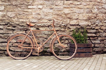 Fototapeta na wymiar Old vintage bike on the background of a stone wall on the street. Near the flower in a wooden flowerpots. Free space for text.
