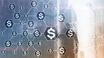 Dollars icons, money network structure. ICO, trading and investment. Crowdfunding.