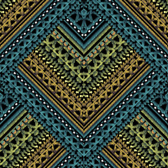 Striped zigzag embroidery vector seamless pattern. Grunge tapestry stripes, borders. Geometric ethnic style tribal background. Embroidered colorful textured design for fabric, wallpaper,textile.