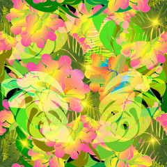 Colorful tropical flowers vector seamless pattern. Ornamental floral beautiful background. Repeat decorative glowing backdrop. Bright elegance exotic blossom flowers, palm and fern leaves, shiny stars