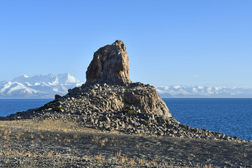 Tibet, Geoglyph on the shore of Nam Tso lake, 4718 meters above sea level