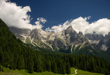 View from Malga Ces towards the Pala group (San Martino di Castrozza, Dolomites, Trentino, Italy)
