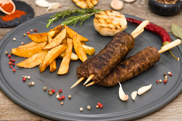 Turkish kebab with french fries. Kebab. Shish kafta 
