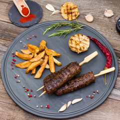 Turkish kebab with french fries. Kebab. Shish kafta 