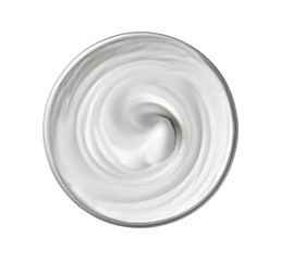 close up of a white beauty cream or yoghurt on white background 