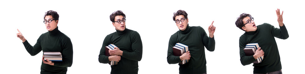 Nerd young student with books isolated on white