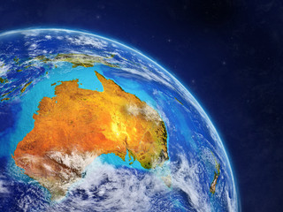 Australia from space. Planet Earth with country borders and extremely high detail of planet surface and clouds.