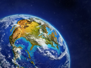 North America from space. Planet Earth with country borders and extremely high detail of planet surface and clouds.