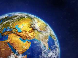 Asia from space. Planet Earth with country borders and extremely high detail of planet surface and clouds.