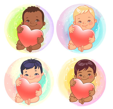 Set of round user pics with babies. Cute little baby boys of various nations hold heart. Asian, african, caucasian, hispanic, arabic, indian, Chinese children. Avatar for social media blog.Vector.