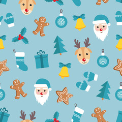 Seamless pattern of Christmas and New Year symbols. Gingerbread man, Santa Claus, deer, bell, candy, gift, ball, Christmas tree, mistletoe, gloves pattern on blue background. Vector illustration.