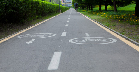 Painted signs on asphalt for bicycle dedicated lanes. A separate bike path in the city, cyclists on the cycle track