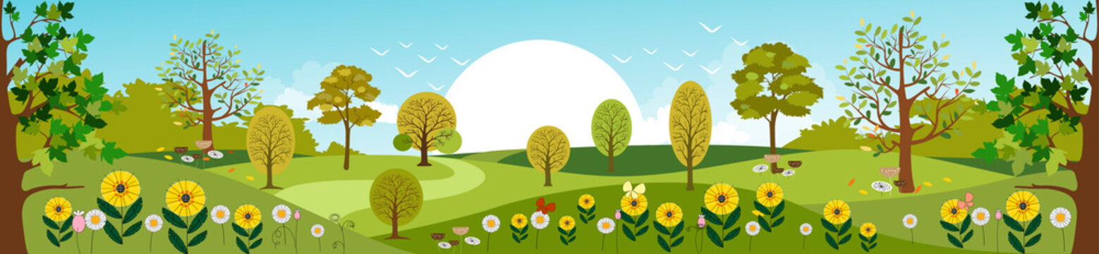 Panoramic of Countryside landscape in Spring, Vector illustration of horizontal banner of Summer landscape mountains with green field and summer flowers