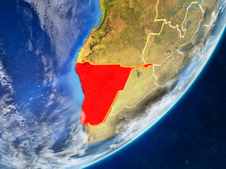 Namibia on model of planet Earth with country borders and very detailed planet surface and clouds.