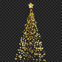 Christmas tree of stars on the transparent background. Gold Christmas tree as symbol of Happy New Year,Merry Christmas holiday celebration. Vector illustration
