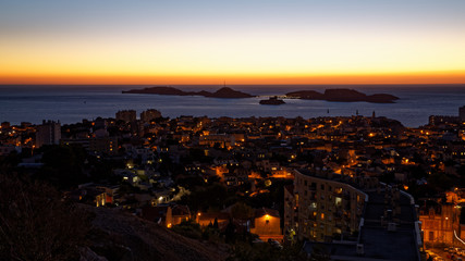 Marseille, France - October 3, 2018: Marseille bay and If castle viewed from Notre Dame de la Garde hill