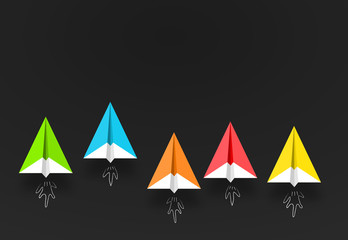  colorful paper planes or rockets , Business competition, start-up, boost or success concept.