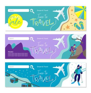 Travel banner for web site. Set of vector template design. Tourism. Summer tours, extrim tours, winter tours