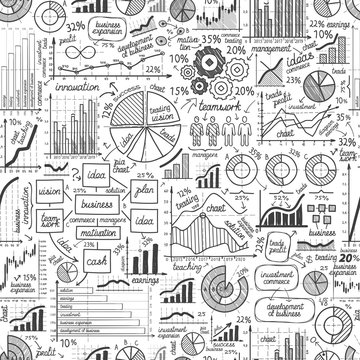 Business, seamless background. Hand-drawn graph, chart. Doodle vector illustration