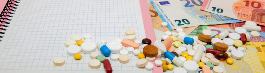Tablets, pills, capsules, notebook and banknotes euros. The concept of self-medication, social medecine, accessibility, rise in price, budget, planning. Concept of medicine, money and health