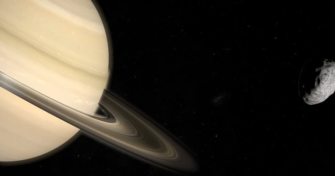 Janus moon orbiting around Saturn planet in the outer space