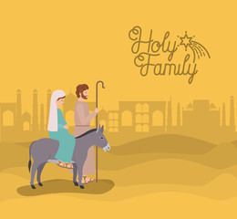 christmas card with holy family traveling in desert