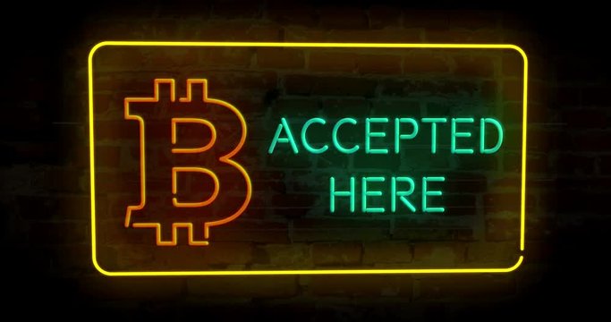 Bitcoin accepted here 3D neon lights on brick wall abstract background animation. Blockchain currency symbol.