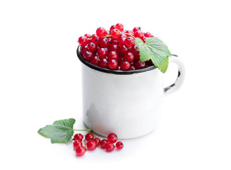 Fresh red currant in old white mug isolated on white