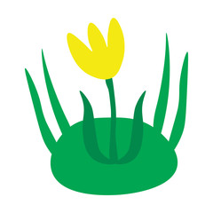 Cartoon yellow flower on the grass. Vector illustration.