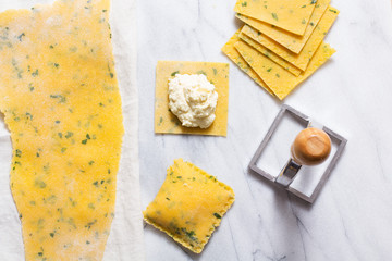 Homemade Herbed Pasta Dough with Ricotta Filling for Ravioli