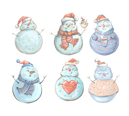 snowman set for winter and christmas, hand drawn vector design illustration
