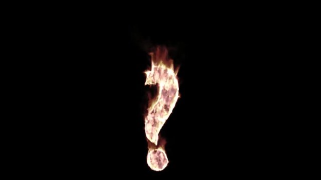 Animated burning or engulf in flames question mark or symbol. Fire has transparency and isolated and easy to loop. Black background, mask included.