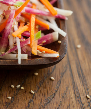 Jicama, Daikon and Carrot Salad with Lemon Sesame Dressing.