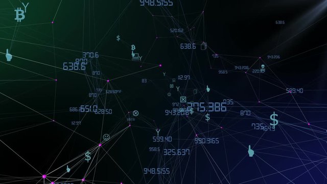 The blockchain links global currencies, cryptocurrencies and counts changes. Seamless loop.Digital Data Points Network . Dark background, rotating flickering white light mesh cloud of connections.