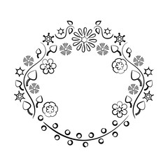 Decorative floral round frame for your text, black outline design. Vector illustration